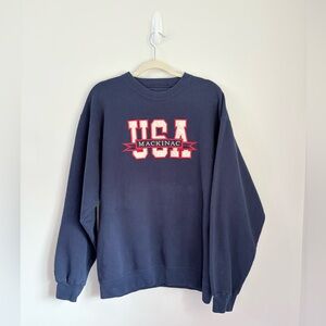 VINTAGE JANSPORT USA Mackinac Embroidered Navy Crewneck Sweatshirt Y2K Cozy